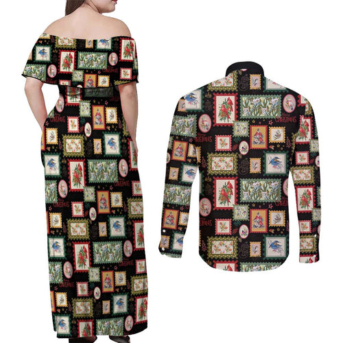 Aussie Birds Christmas La La Land Couples Matching Off Shoulder Maxi Dress and Long Sleeve Button Shirt Black Vintage Stamp Edition - Aussie Hoodie