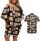 Aussie Birds Christmas La La Land Couples Matching Off Shoulder Short Dress and Hawaiian Shirt Black Vintage Stamp Edition - Aussie Hoodie