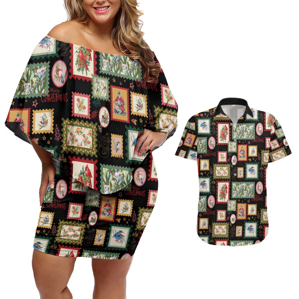 Aussie Birds Christmas La La Land Couples Matching Off Shoulder Short Dress and Hawaiian Shirt Black Vintage Stamp Edition - Aussie Hoodie