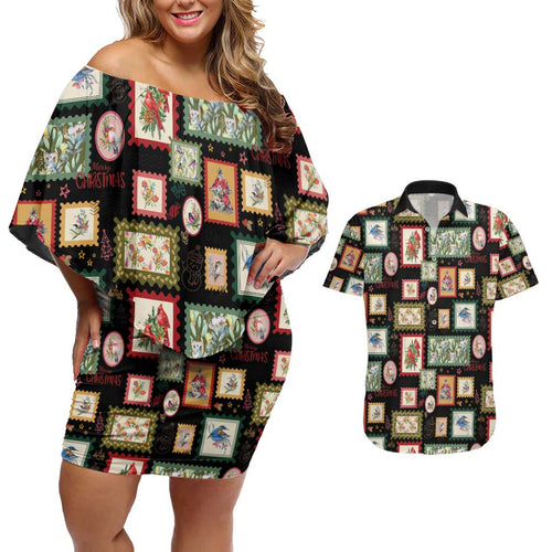 Aussie Birds Christmas La La Land Couples Matching Off Shoulder Short Dress and Hawaiian Shirt Black Vintage Stamp Edition - Aussie Hoodie