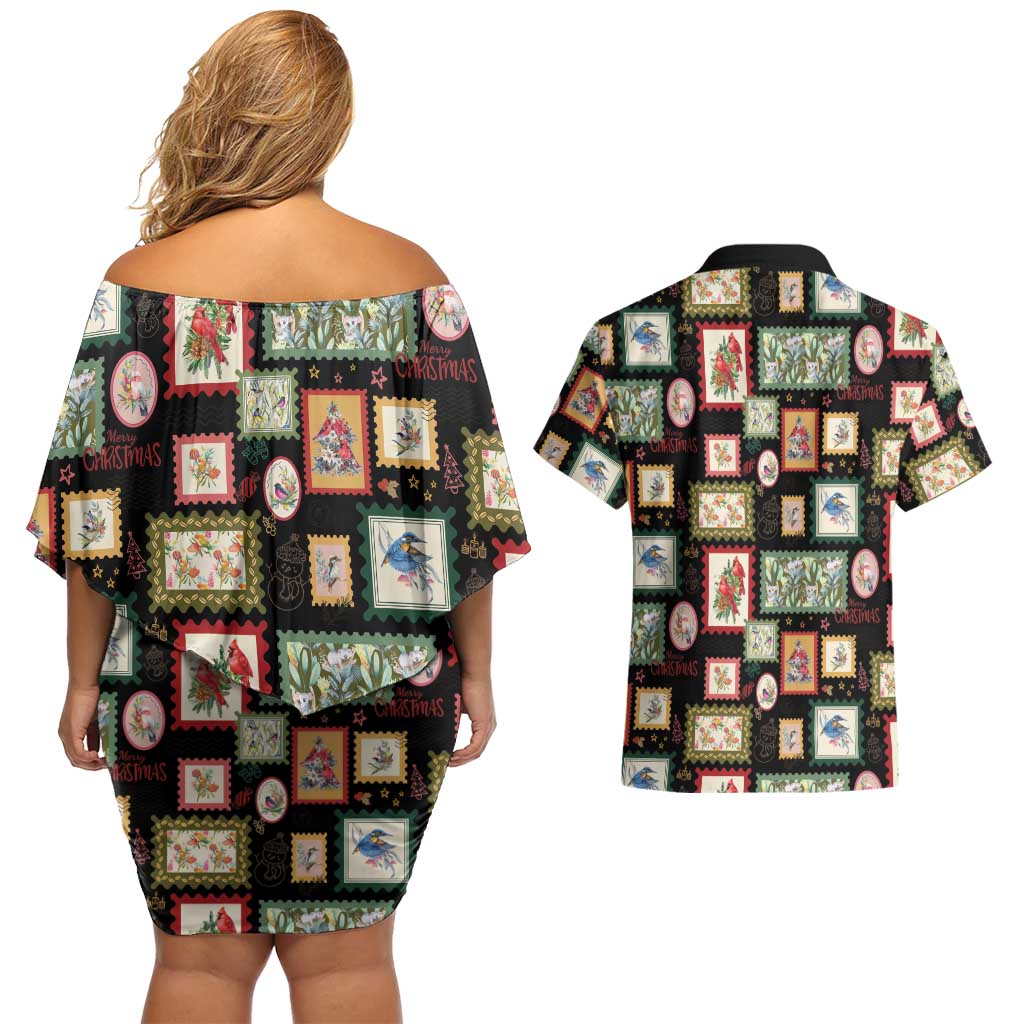 Aussie Birds Christmas La La Land Couples Matching Off Shoulder Short Dress and Hawaiian Shirt Black Vintage Stamp Edition - Aussie Hoodie