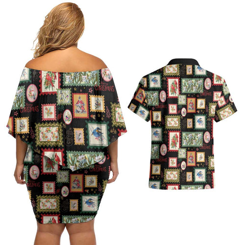 Aussie Birds Christmas La La Land Couples Matching Off Shoulder Short Dress and Hawaiian Shirt Black Vintage Stamp Edition - Aussie Hoodie