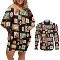 Aussie Birds Christmas La La Land Couples Matching Off Shoulder Short Dress and Long Sleeve Button Shirt Black Vintage Stamp Edition - Aussie Hoodie