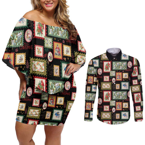 Aussie Birds Christmas La La Land Couples Matching Off Shoulder Short Dress and Long Sleeve Button Shirt Black Vintage Stamp Edition - Aussie Hoodie