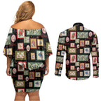 Aussie Birds Christmas La La Land Couples Matching Off Shoulder Short Dress and Long Sleeve Button Shirt Black Vintage Stamp Edition - Aussie Hoodie