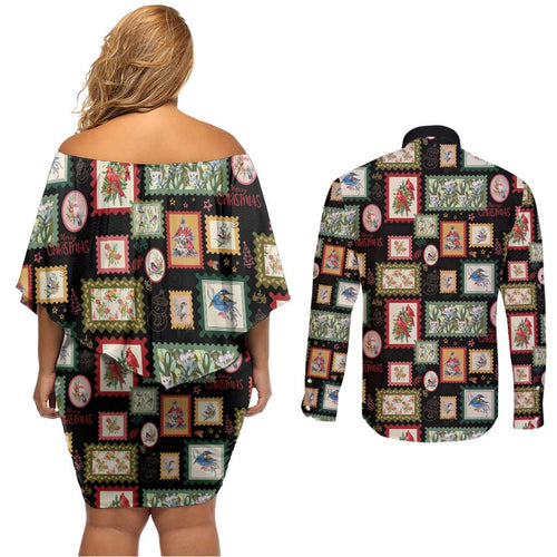 Aussie Birds Christmas La La Land Couples Matching Off Shoulder Short Dress and Long Sleeve Button Shirt Black Vintage Stamp Edition - Aussie Hoodie