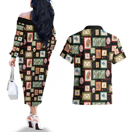 Aussie Birds Christmas La La Land Couples Matching Off The Shoulder Long Sleeve Dress and Hawaiian Shirt Black Vintage Stamp Edition - Aussie Hoodie