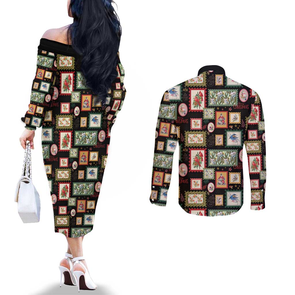 Aussie Birds Christmas La La Land Couples Matching Off The Shoulder Long Sleeve Dress and Long Sleeve Button Shirt Black Vintage Stamp Edition - Aussie Hoodie