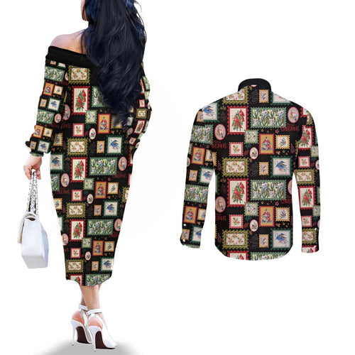 Aussie Birds Christmas La La Land Couples Matching Off The Shoulder Long Sleeve Dress and Long Sleeve Button Shirt Black Vintage Stamp Edition - Aussie Hoodie