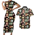 Aussie Birds Christmas La La Land Couples Matching Short Sleeve Bodycon Dress and Hawaiian Shirt Black Vintage Stamp Edition - Aussie Hoodie