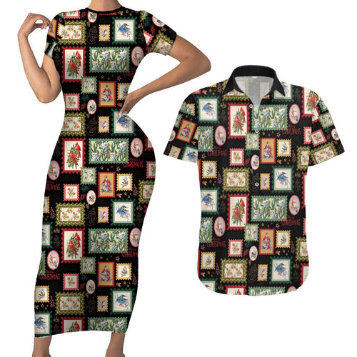 Aussie Birds Christmas La La Land Couples Matching Short Sleeve Bodycon Dress and Hawaiian Shirt Black Vintage Stamp Edition - Aussie Hoodie