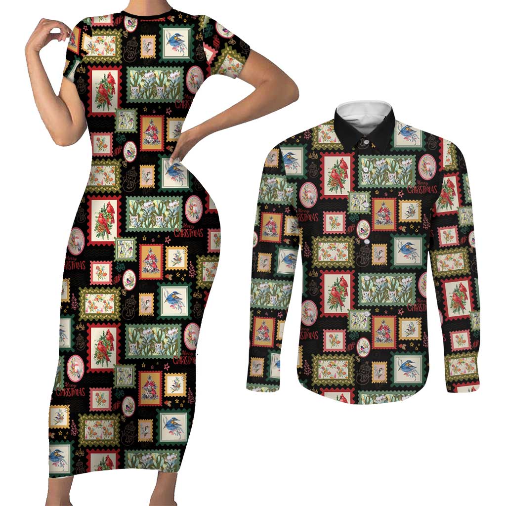 Aussie Birds Christmas La La Land Couples Matching Short Sleeve Bodycon Dress and Long Sleeve Button Shirt Black Vintage Stamp Edition - Aussie Hoodie