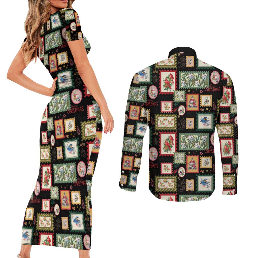 Aussie Birds Christmas La La Land Couples Matching Short Sleeve Bodycon Dress and Long Sleeve Button Shirt Black Vintage Stamp Edition - Aussie Hoodie