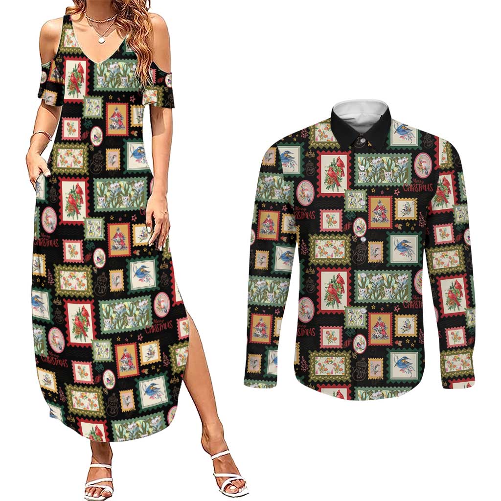 Aussie Birds Christmas La La Land Couples Matching Summer Maxi Dress and Long Sleeve Button Shirt Black Vintage Stamp Edition - Aussie Hoodie