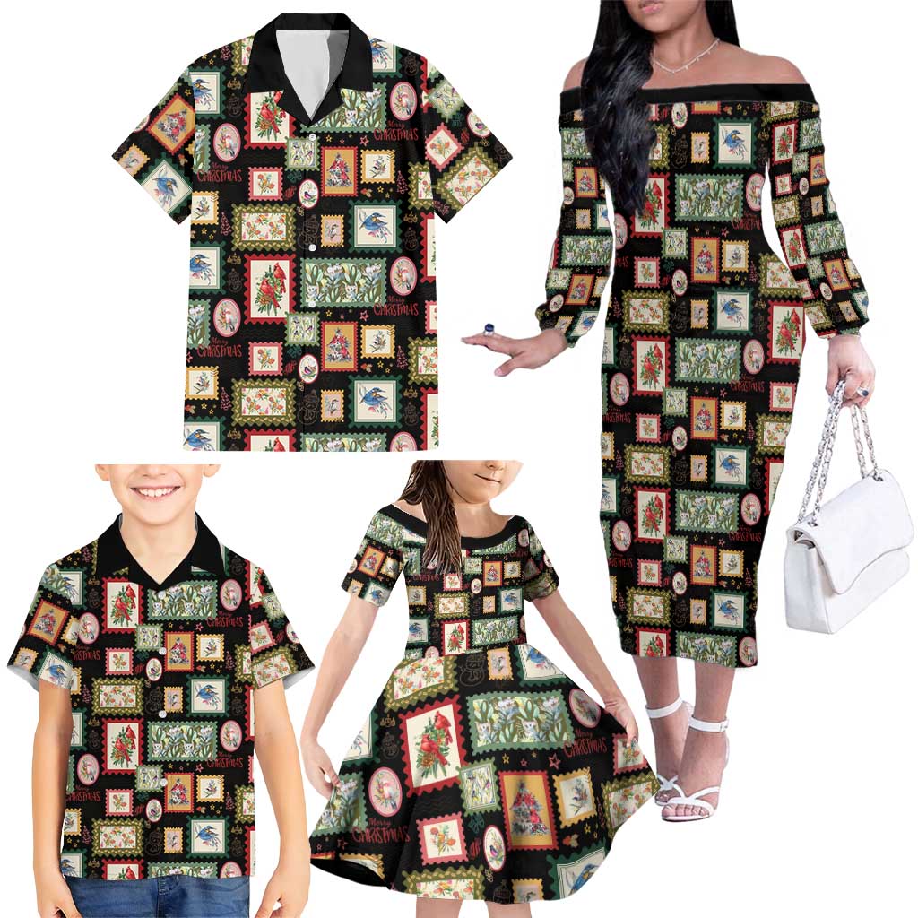 Aussie Birds Christmas La La Land Family Matching Off The Shoulder Long Sleeve Dress and Hawaiian Shirt Black Vintage Stamp Edition - Aussie Hoodie