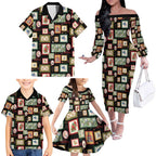 Aussie Birds Christmas La La Land Family Matching Off The Shoulder Long Sleeve Dress and Hawaiian Shirt Black Vintage Stamp Edition - Aussie Hoodie
