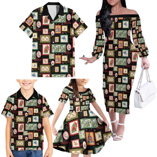 Aussie Birds Christmas La La Land Family Matching Off The Shoulder Long Sleeve Dress and Hawaiian Shirt Black Vintage Stamp Edition - Aussie Hoodie