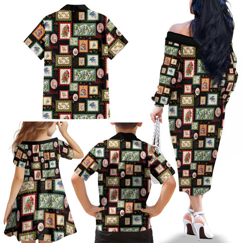 Aussie Birds Christmas La La Land Family Matching Off The Shoulder Long Sleeve Dress and Hawaiian Shirt Black Vintage Stamp Edition - Aussie Hoodie
