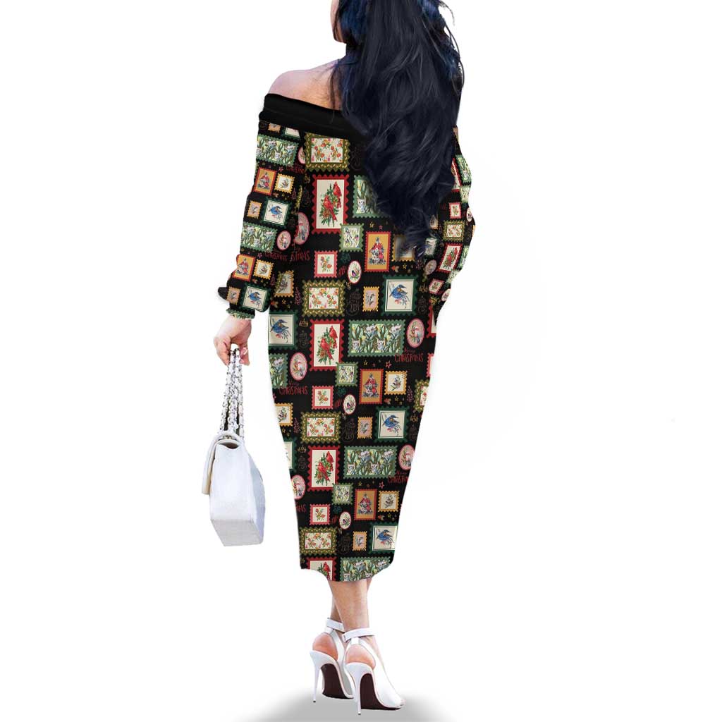 Aussie Birds Christmas La La Land Family Matching Off The Shoulder Long Sleeve Dress and Hawaiian Shirt Black Vintage Stamp Edition - Aussie Hoodie