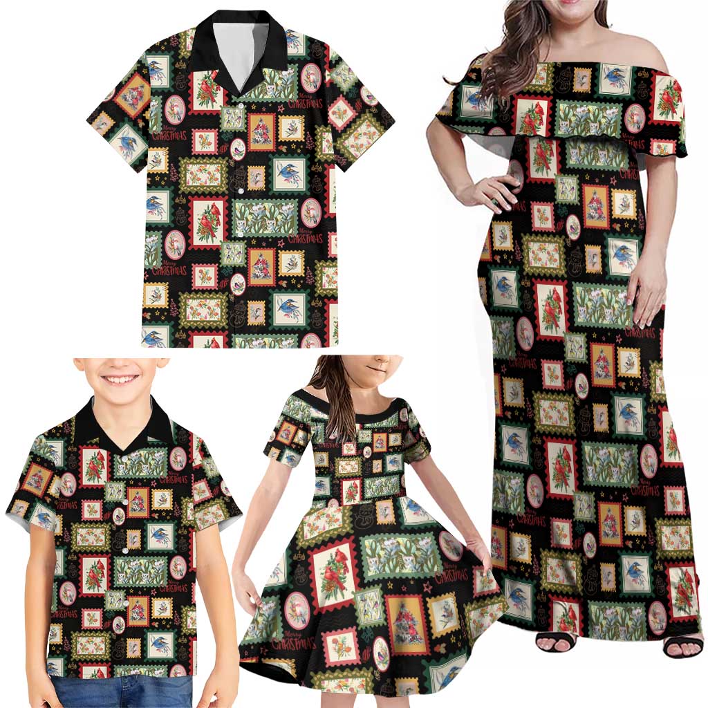 Aussie Birds Christmas La La Land Family Matching Off Shoulder Maxi Dress and Hawaiian Shirt Black Vintage Stamp Edition - Aussie Hoodie