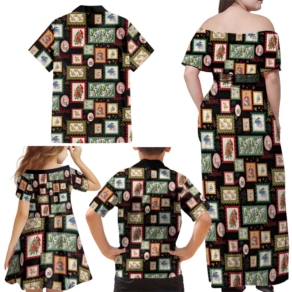 Aussie Birds Christmas La La Land Family Matching Off Shoulder Maxi Dress and Hawaiian Shirt Black Vintage Stamp Edition - Aussie Hoodie