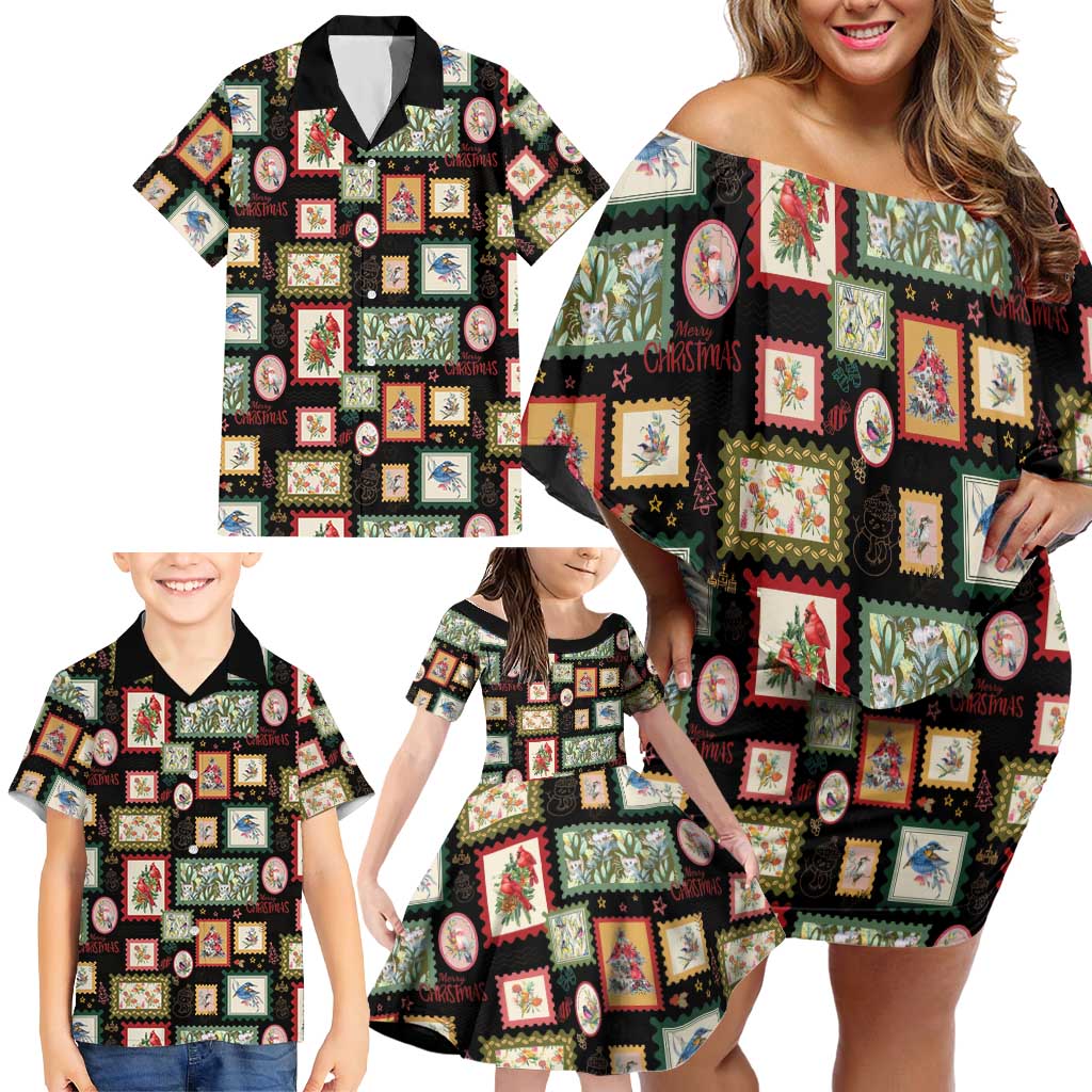 Aussie Birds Christmas La La Land Family Matching Off Shoulder Short Dress and Hawaiian Shirt Black Vintage Stamp Edition - Aussie Hoodie