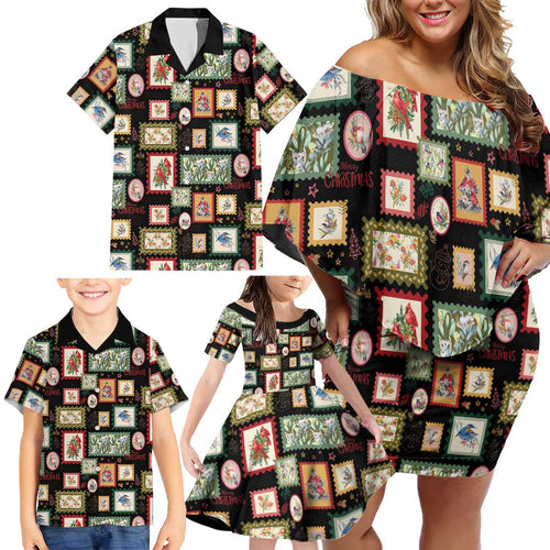Aussie Birds Christmas La La Land Family Matching Off Shoulder Short Dress and Hawaiian Shirt Black Vintage Stamp Edition - Aussie Hoodie