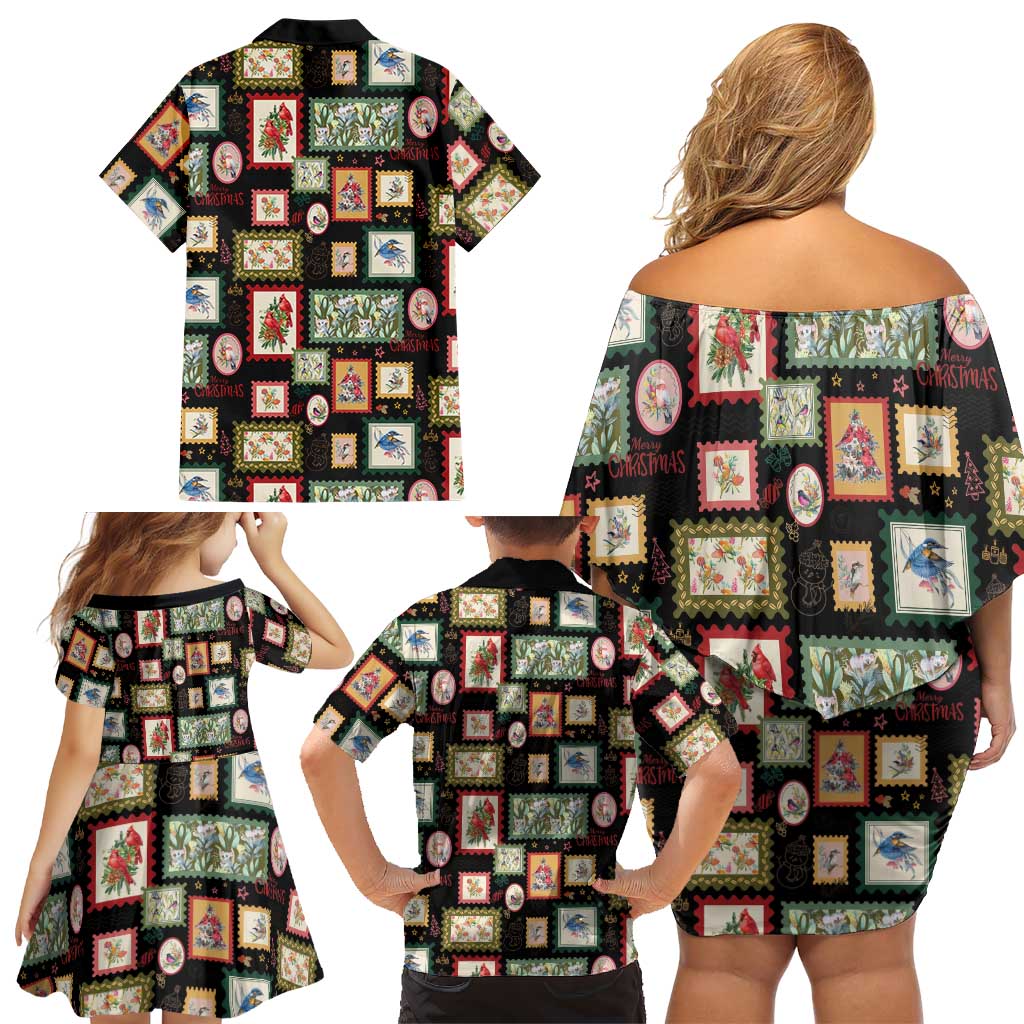 Aussie Birds Christmas La La Land Family Matching Off Shoulder Short Dress and Hawaiian Shirt Black Vintage Stamp Edition - Aussie Hoodie