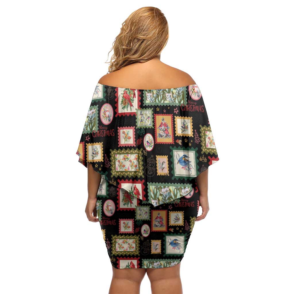 Aussie Birds Christmas La La Land Family Matching Off Shoulder Short Dress and Hawaiian Shirt Black Vintage Stamp Edition - Aussie Hoodie