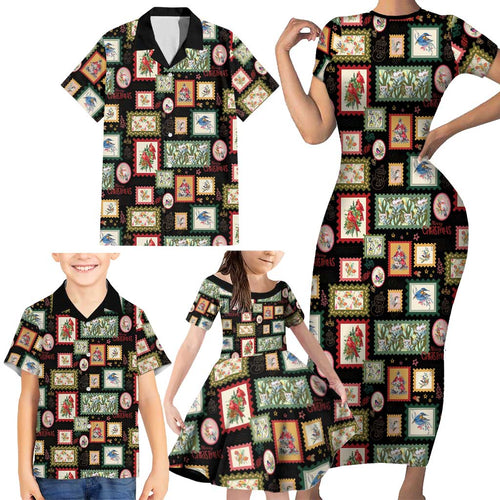 Aussie Birds Christmas La La Land Family Matching Short Sleeve Bodycon Dress and Hawaiian Shirt Black Vintage Stamp Edition - Aussie Hoodie