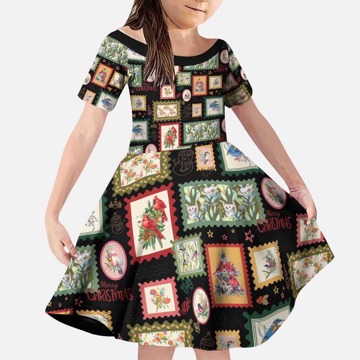 Aussie Birds Christmas La La Land Kid Short Sleeve Dress Black Vintage Stamp Edition - Aussie Hoodie