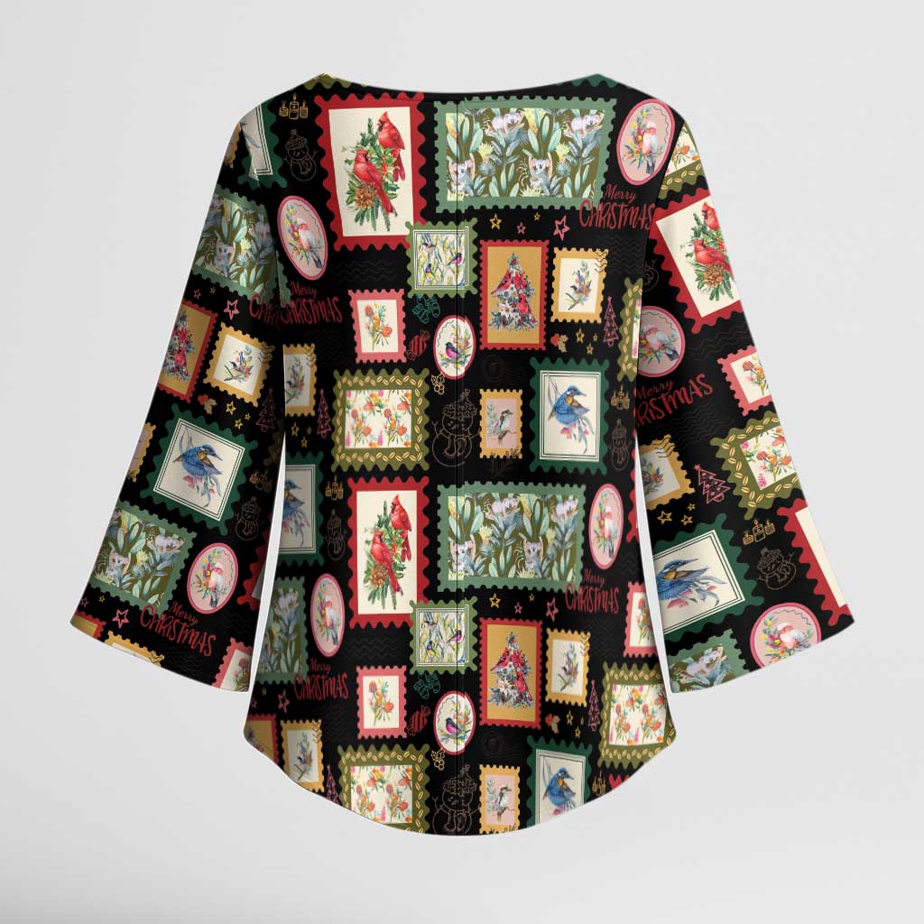Aussie Birds Christmas La La Land Kimono Sleeve Blouse Black Vintage Stamp Edition - Aussie Hoodie