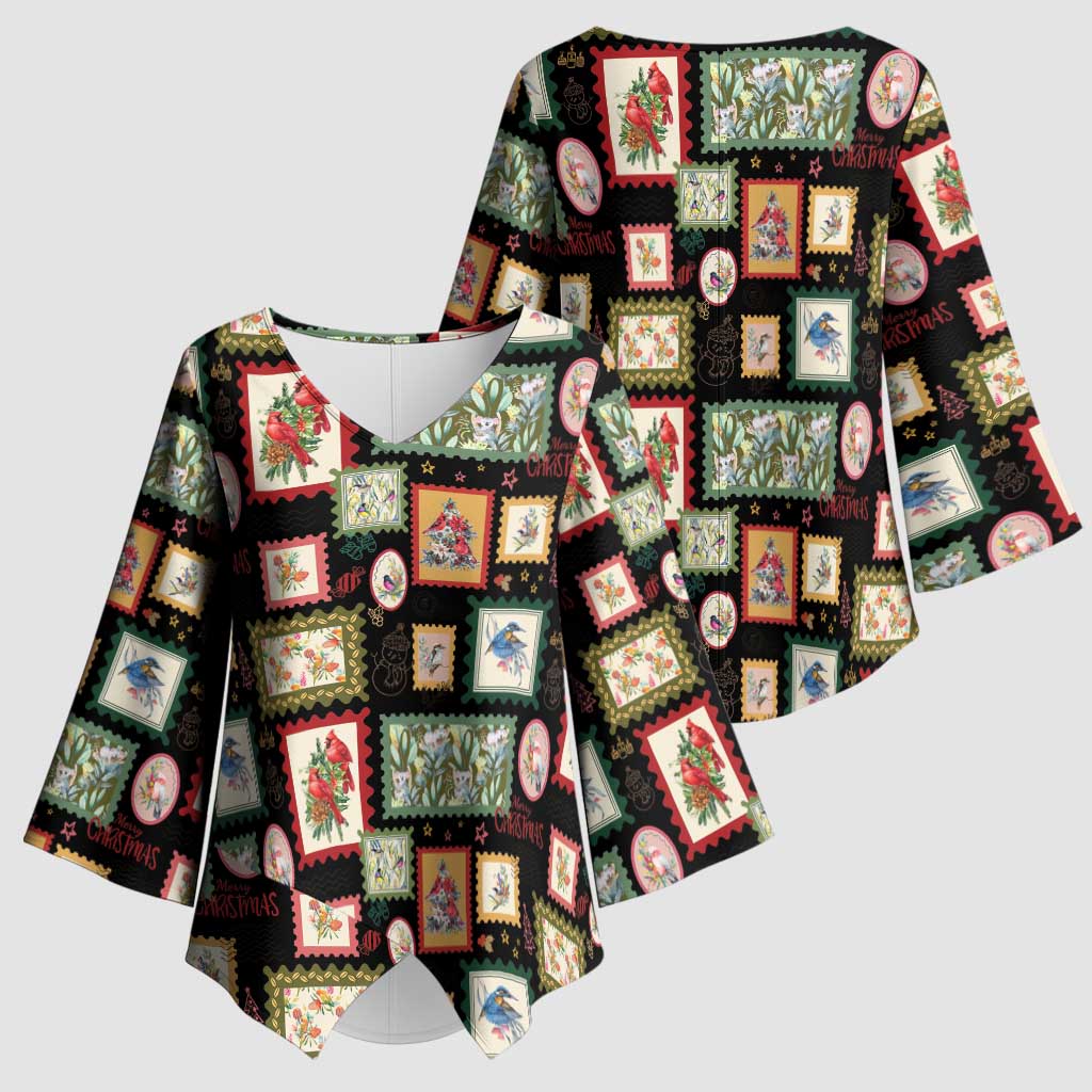 Aussie Birds Christmas La La Land Kimono Sleeve Blouse Black Vintage Stamp Edition - Aussie Hoodie
