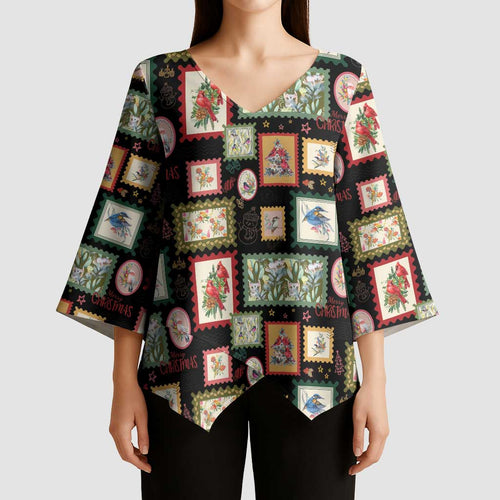 Aussie Birds Christmas La La Land Kimono Sleeve Blouse Black Vintage Stamp Edition - Aussie Hoodie