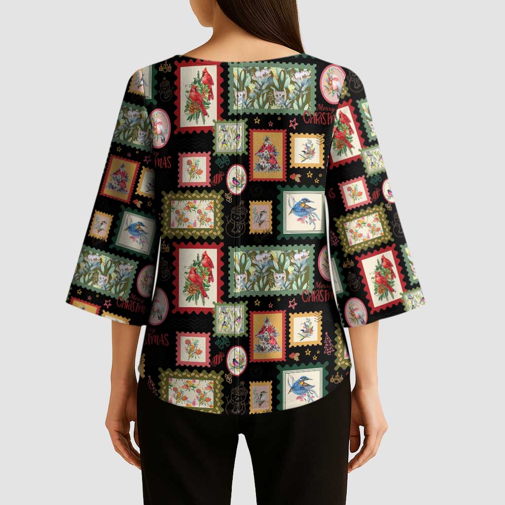 Aussie Birds Christmas La La Land Kimono Sleeve Blouse Black Vintage Stamp Edition - Aussie Hoodie