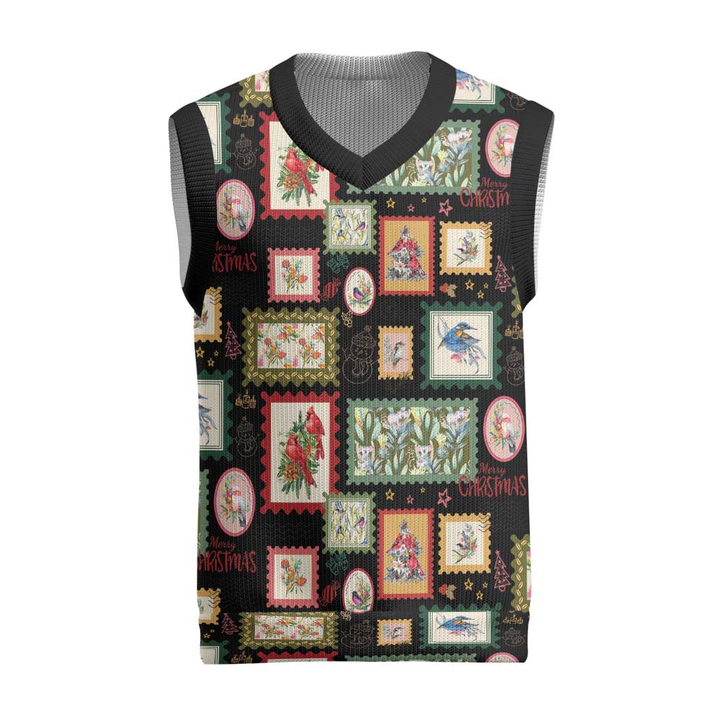 Aussie Birds Christmas La La Land Christmas Knitted V-Neck Vest Black Vintage Stamp Edition - Aussie Hoodie