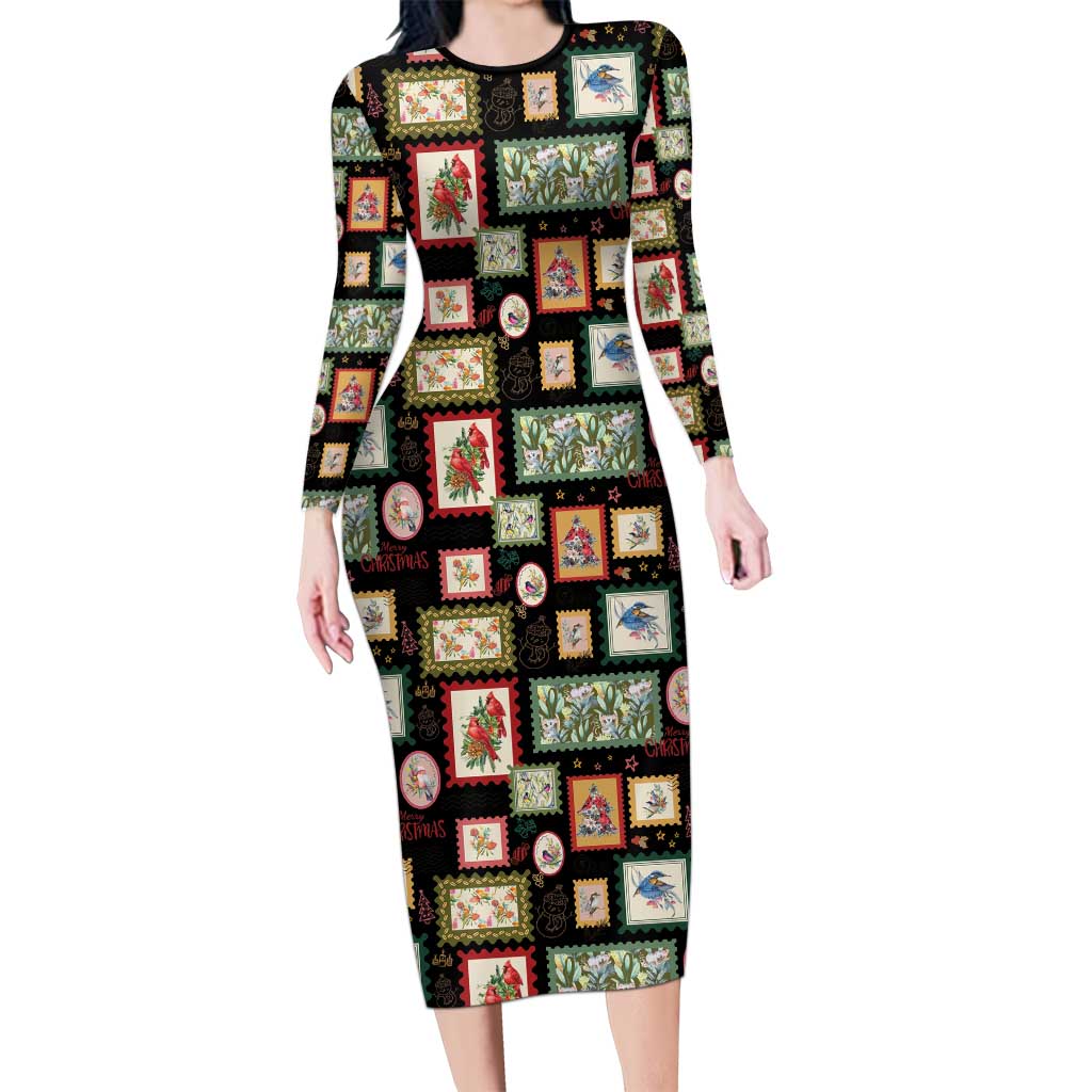 Aussie Birds Christmas La La Land Long Sleeve Bodycon Dress Black Vintage Stamp Edition - Aussie Hoodie
