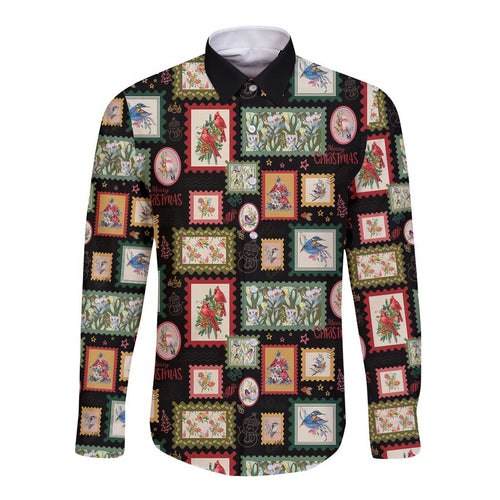 Aussie Birds Christmas La La Land Long Sleeve Button Shirt Black Vintage Stamp Edition - Aussie Hoodie