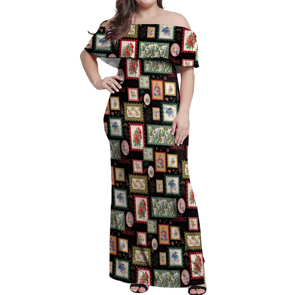 Aussie Birds Christmas La La Land Off Shoulder Maxi Dress Black Vintage Stamp Edition - Aussie Hoodie