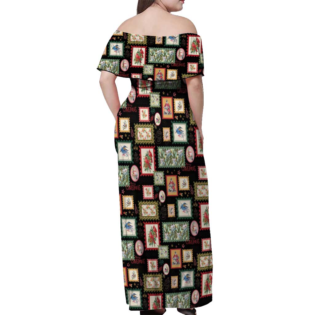 Aussie Birds Christmas La La Land Off Shoulder Maxi Dress Black Vintage Stamp Edition - Aussie Hoodie