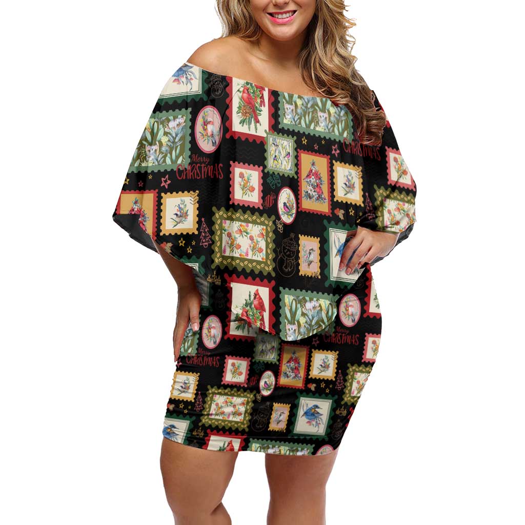 Aussie Birds Christmas La La Land Off Shoulder Short Dress Black Vintage Stamp Edition - Aussie Hoodie
