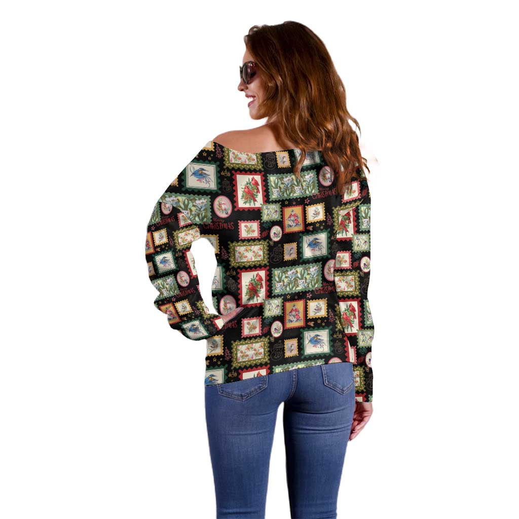 Aussie Birds Christmas La La Land Off Shoulder Sweater Black Vintage Stamp Edition - Aussie Hoodie