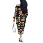 Aussie Birds Christmas La La Land Off The Shoulder Long Sleeve Dress Black Vintage Stamp Edition - Aussie Hoodie