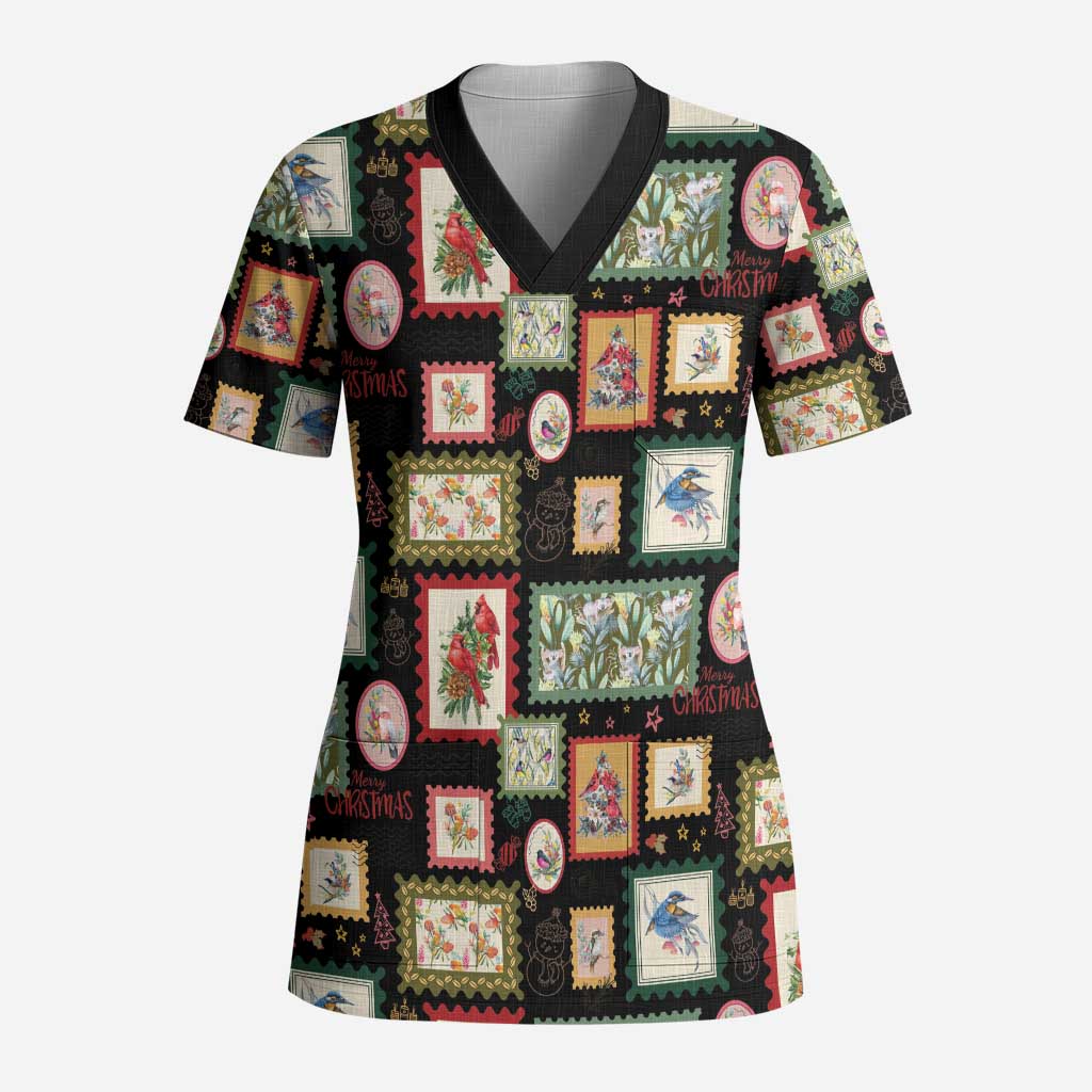 Aussie Birds Christmas La La Land Scrub Top Black Vintage Stamp Edition - Aussie Hoodie