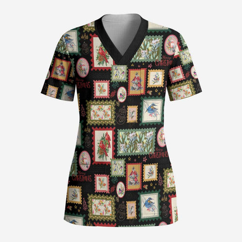 Aussie Birds Christmas La La Land Scrub Top Black Vintage Stamp Edition - Aussie Hoodie
