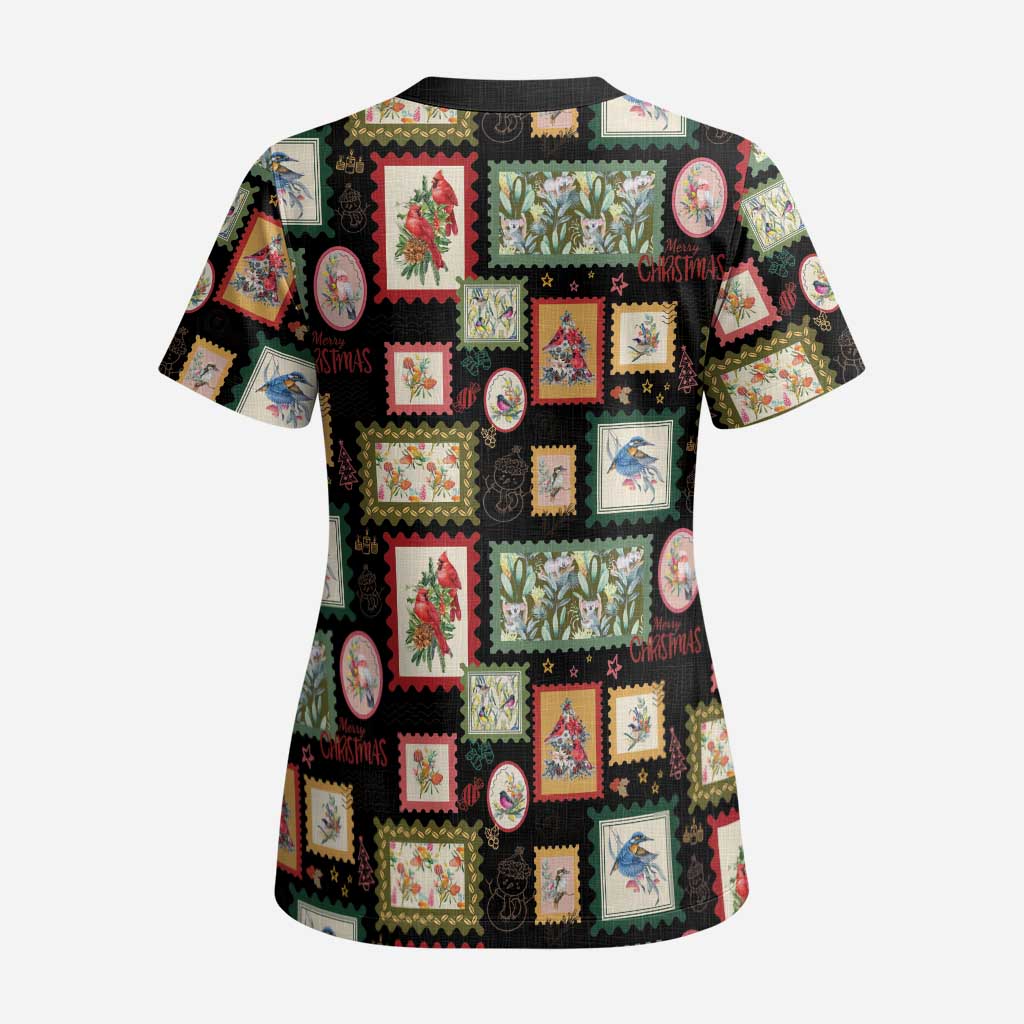 Aussie Birds Christmas La La Land Scrub Top Black Vintage Stamp Edition - Aussie Hoodie