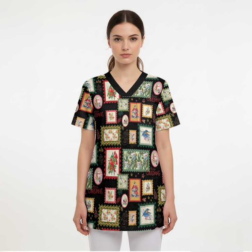Aussie Birds Christmas La La Land Scrub Top Black Vintage Stamp Edition - Aussie Hoodie