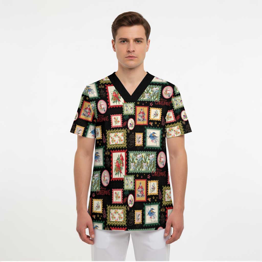 Aussie Birds Christmas La La Land Scrub Top Black Vintage Stamp Edition - Aussie Hoodie