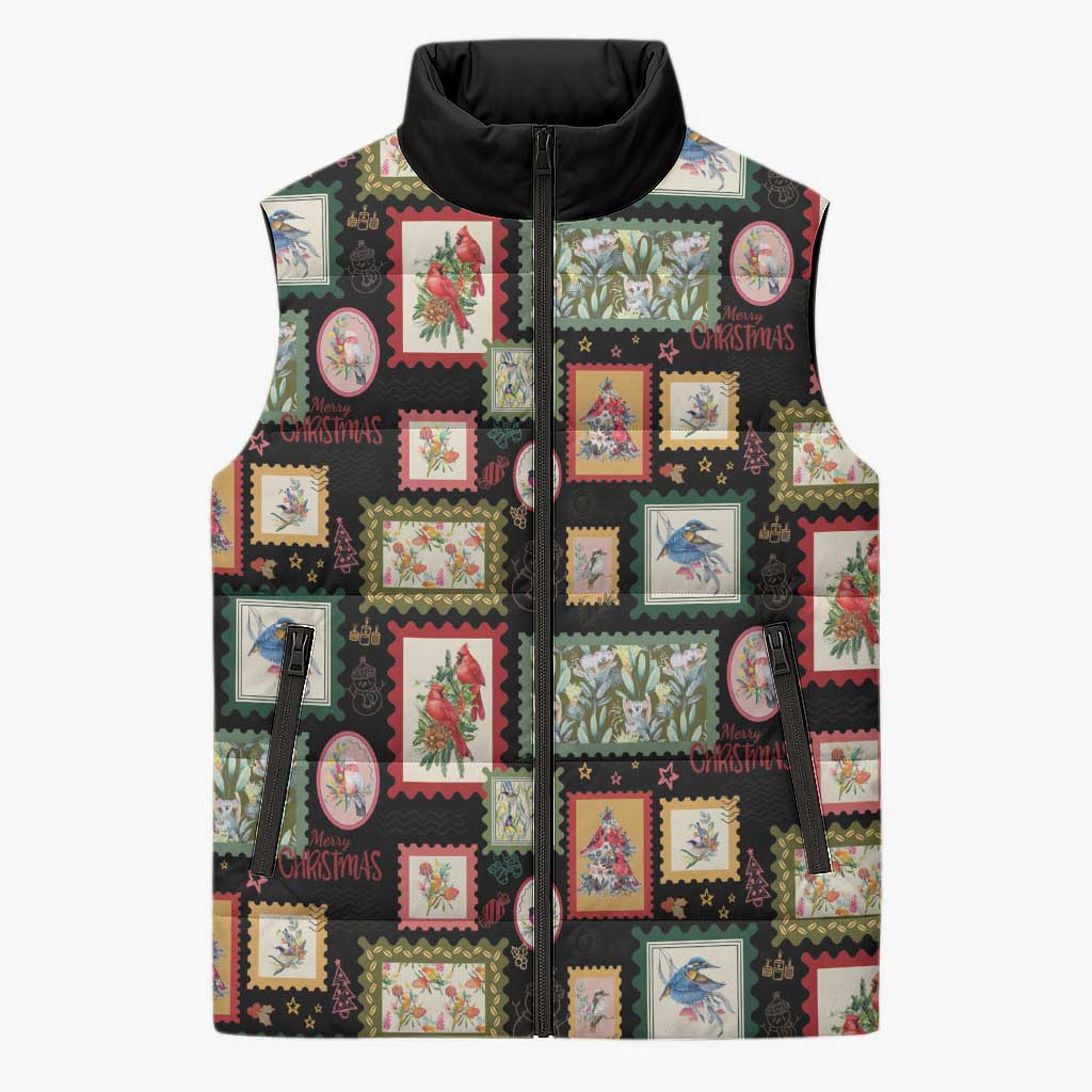 Aussie Birds Christmas La La Land Sleeveless Puffer Jacket Black Vintage Stamp Edition - Aussie Hoodie