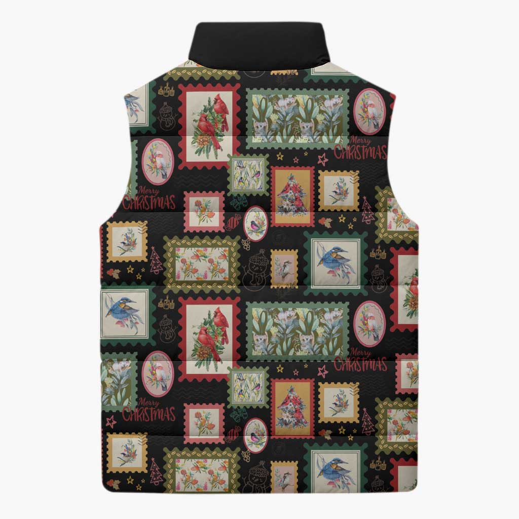 Aussie Birds Christmas La La Land Sleeveless Puffer Jacket Black Vintage Stamp Edition - Aussie Hoodie